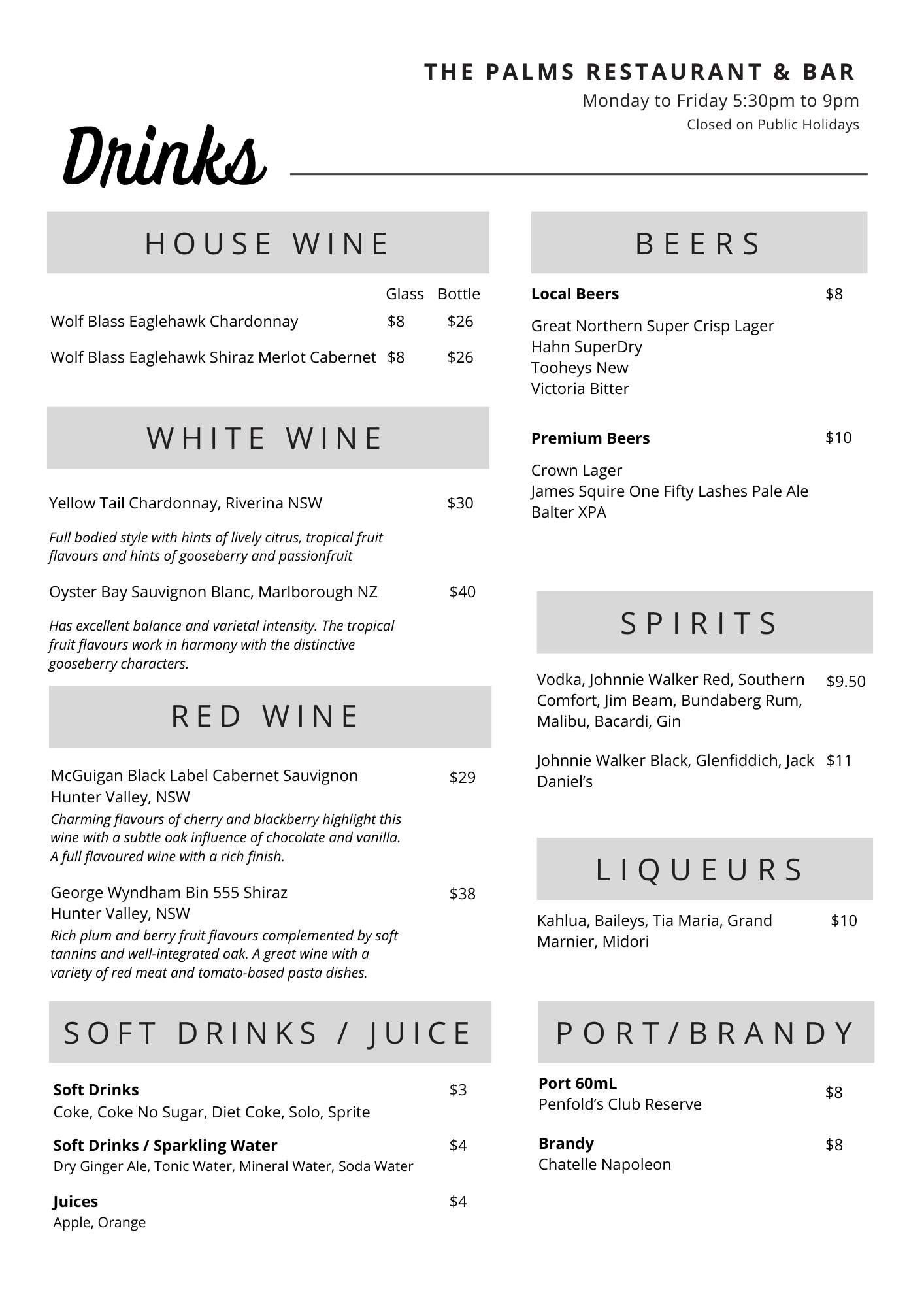 Drinks Menu